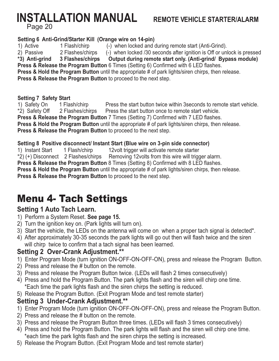 Installation manual, Menu 4- tach settings | Ultra Start 25XX Series User Manual | Page 20 / 24