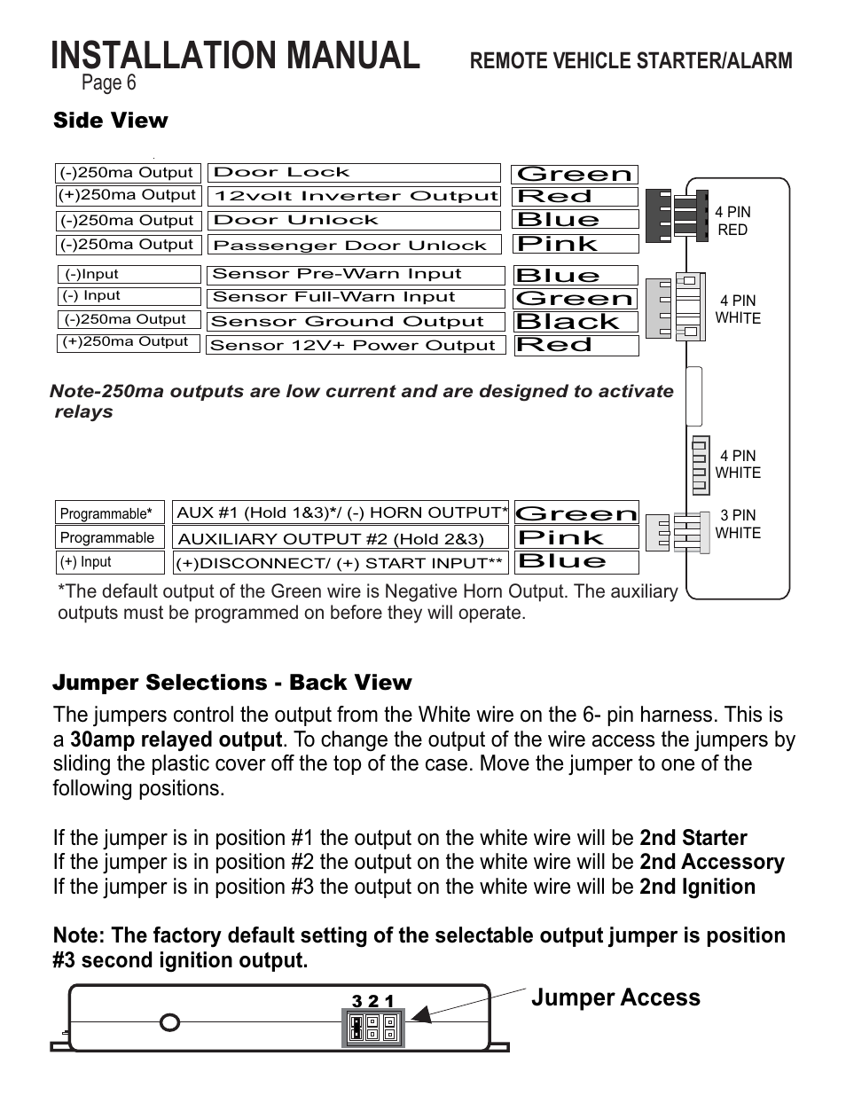 Installation manual, Jumper access, Remote vehicle starter/alarm | Page 6, Side view, Black, Jumper selections - back view, Pink | Ultra Start 25XX Series User Manual | Page 6 / 24