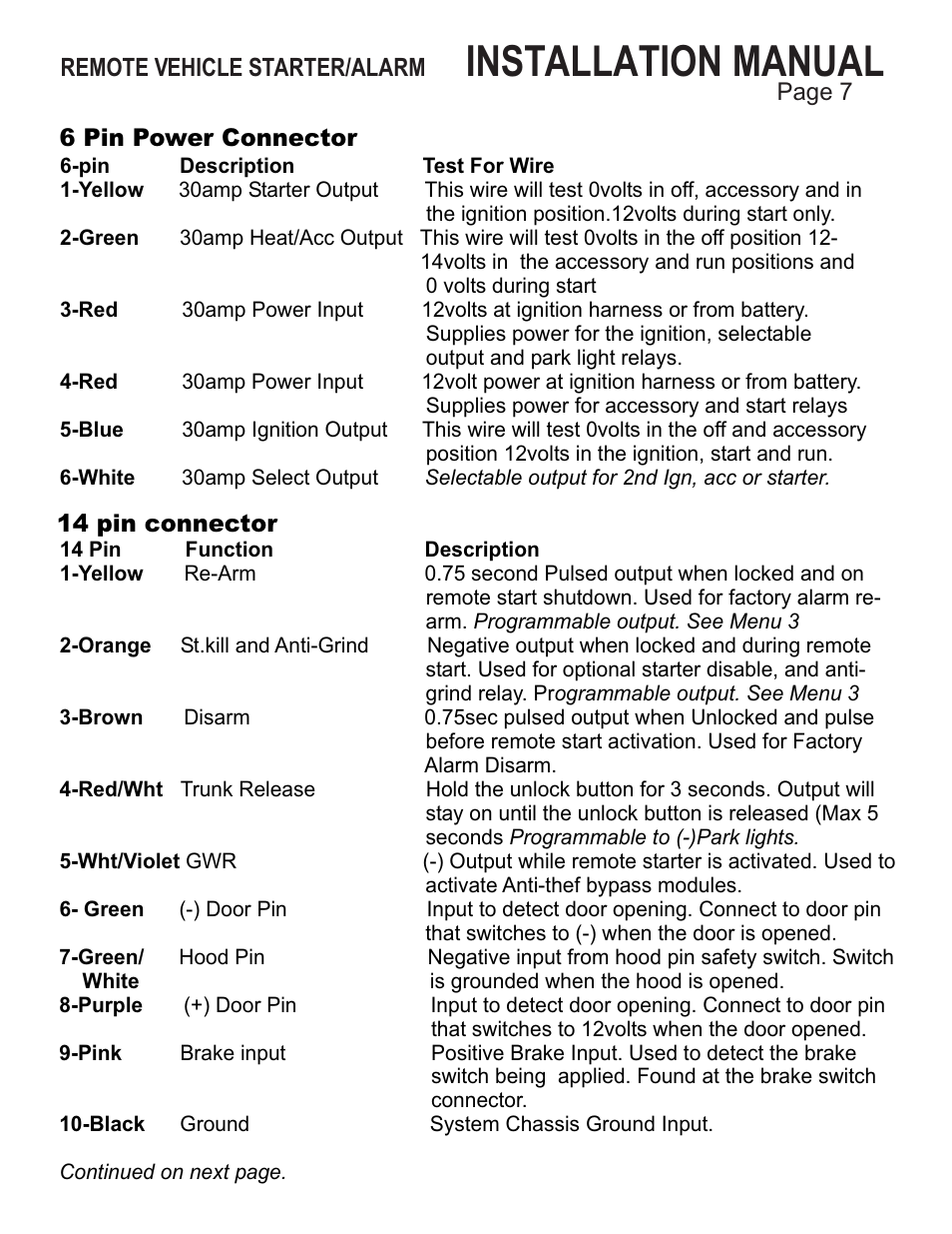 Installation manual, Remote vehicle starter/alarm | Ultra Start 25XX Series User Manual | Page 7 / 24