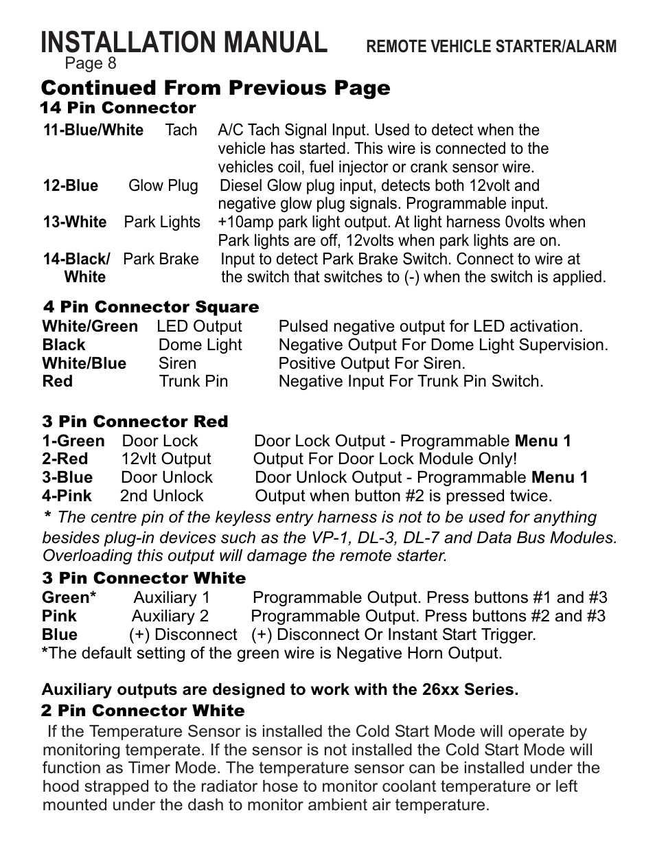 Installation manual, Continued from previous page | Ultra Start 25XX Series User Manual | Page 8 / 24