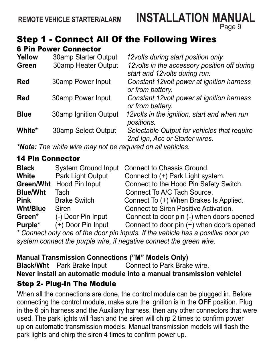 Installation manual, Step 1 - connect all of the following wires | Ultra Start 25XX Series User Manual | Page 9 / 24