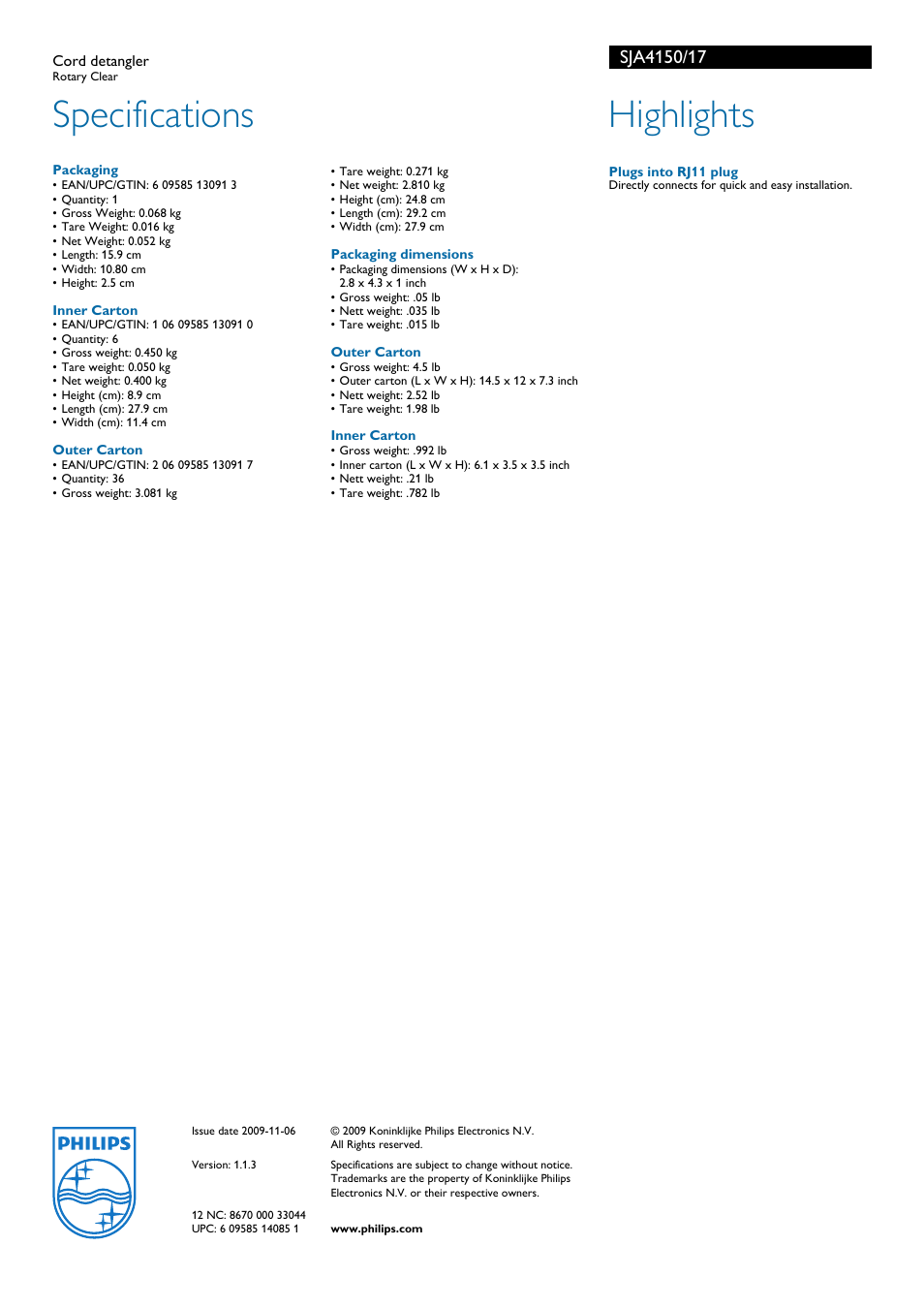 Specifications, Highlights | Philips Cord detangler SJA4150 Rotary Clear User Manual | Page 2 / 2