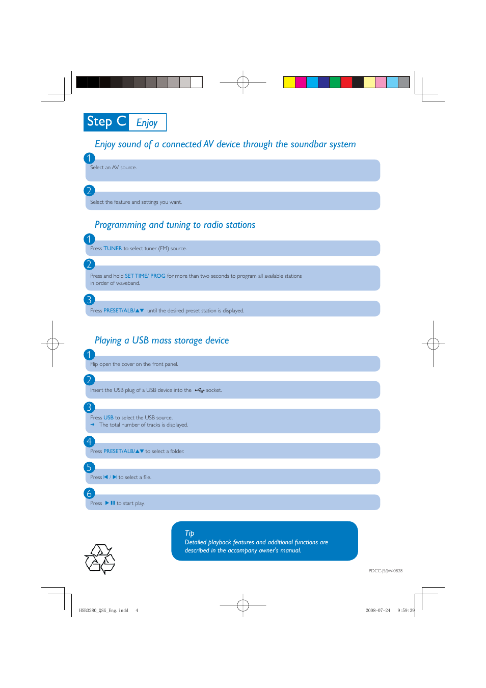 Programming and tuning to radio stations 1 2 3 | Philips SoundBar Micro Hi-Fi System HSB3280 User Manual | Page 4 / 4