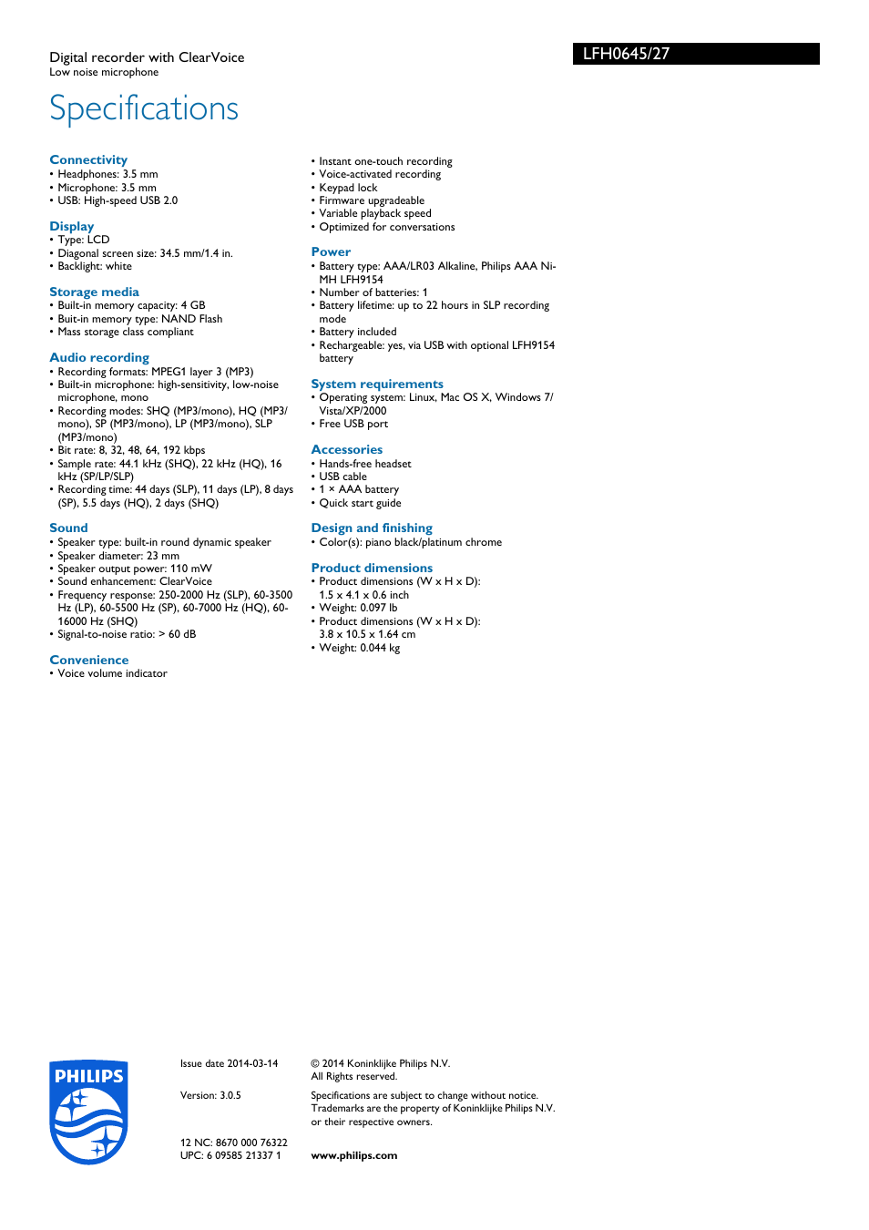 Specifications | Philips LFH0645-27 User Manual | Page 3 / 3