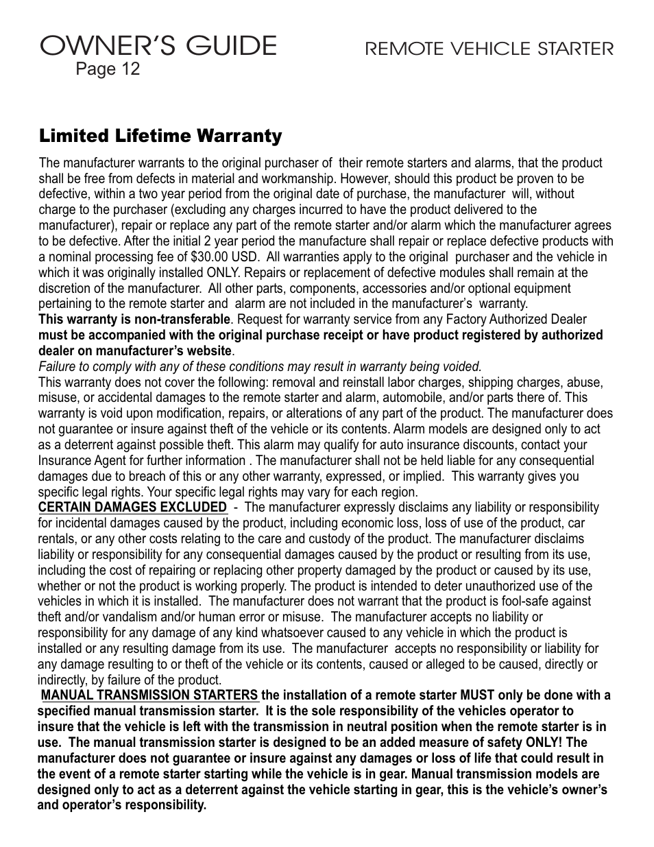 Owner’s guide, Limited lifetime warranty | Ultra Start 23xx User Manual | Page 12 / 12