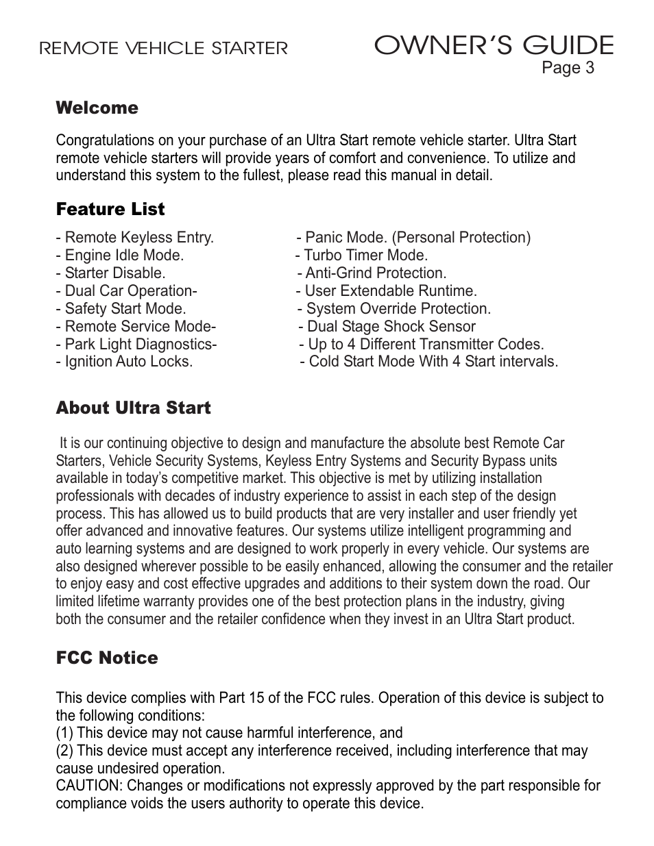Owner ’s guide | Ultra Start 23xx User Manual | Page 3 / 12