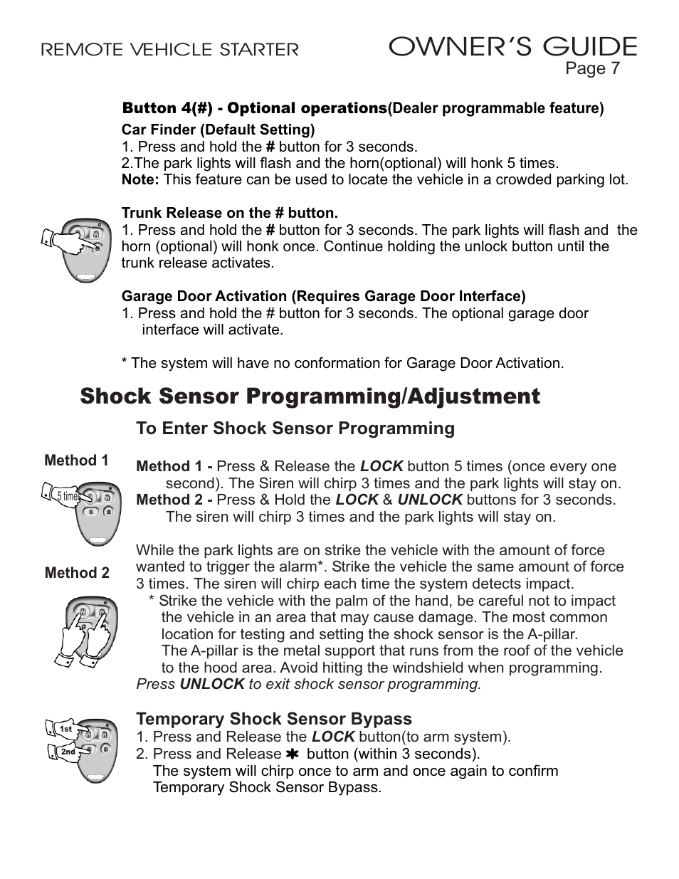Owner ’s guide, Shock sensor programming/adjustment | Ultra Start 23xx User Manual | Page 7 / 12