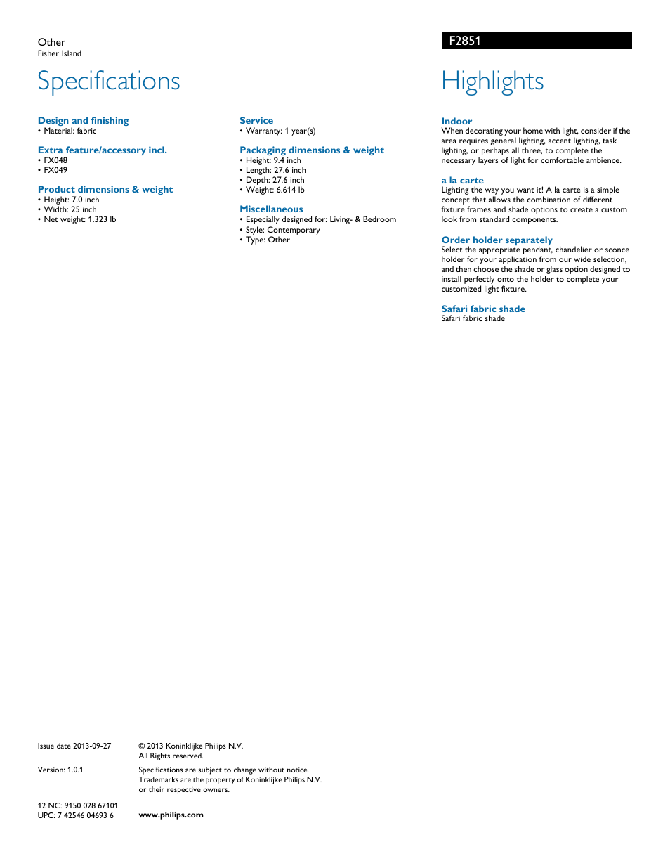 Specifications, Highlights, F2851 | Philips F2851 User Manual | Page 2 / 2