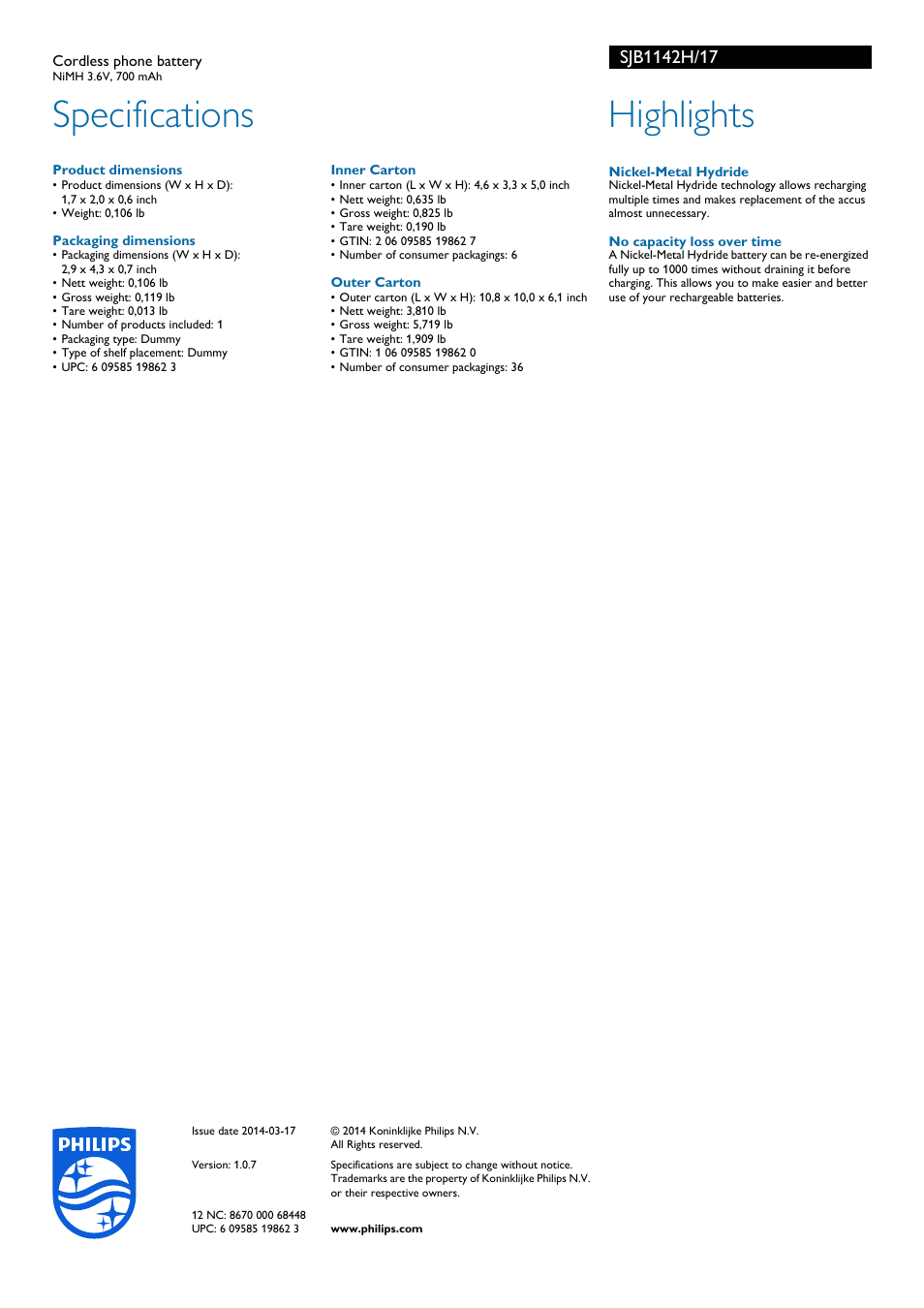 Specifications, Highlights | Philips SJB1142H-17 User Manual | Page 2 / 2