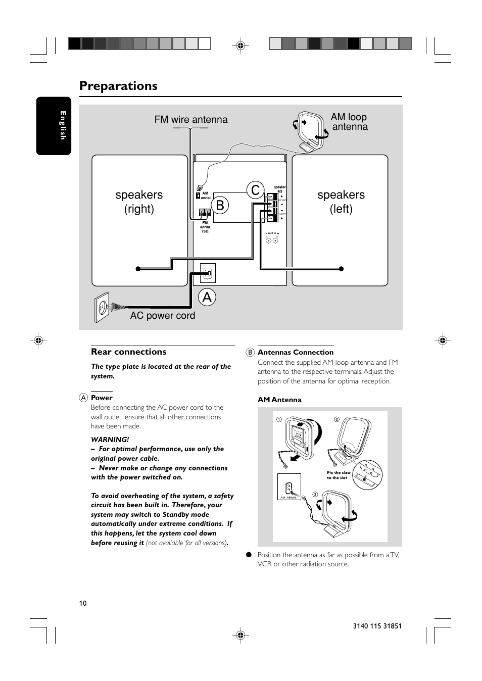 Ab c, Preparations, Speakers (right) speakers (left) | Philips MC260-37B User Manual | Page 10 / 23