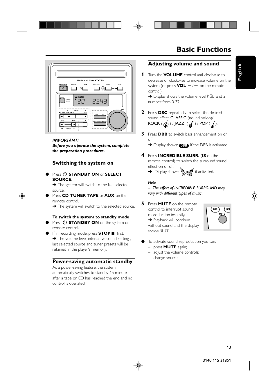 Basic functions, Switching the system on, Power-saving automatic standby | Adjusting volume and sound 1 | Philips MC260-37B User Manual | Page 13 / 23