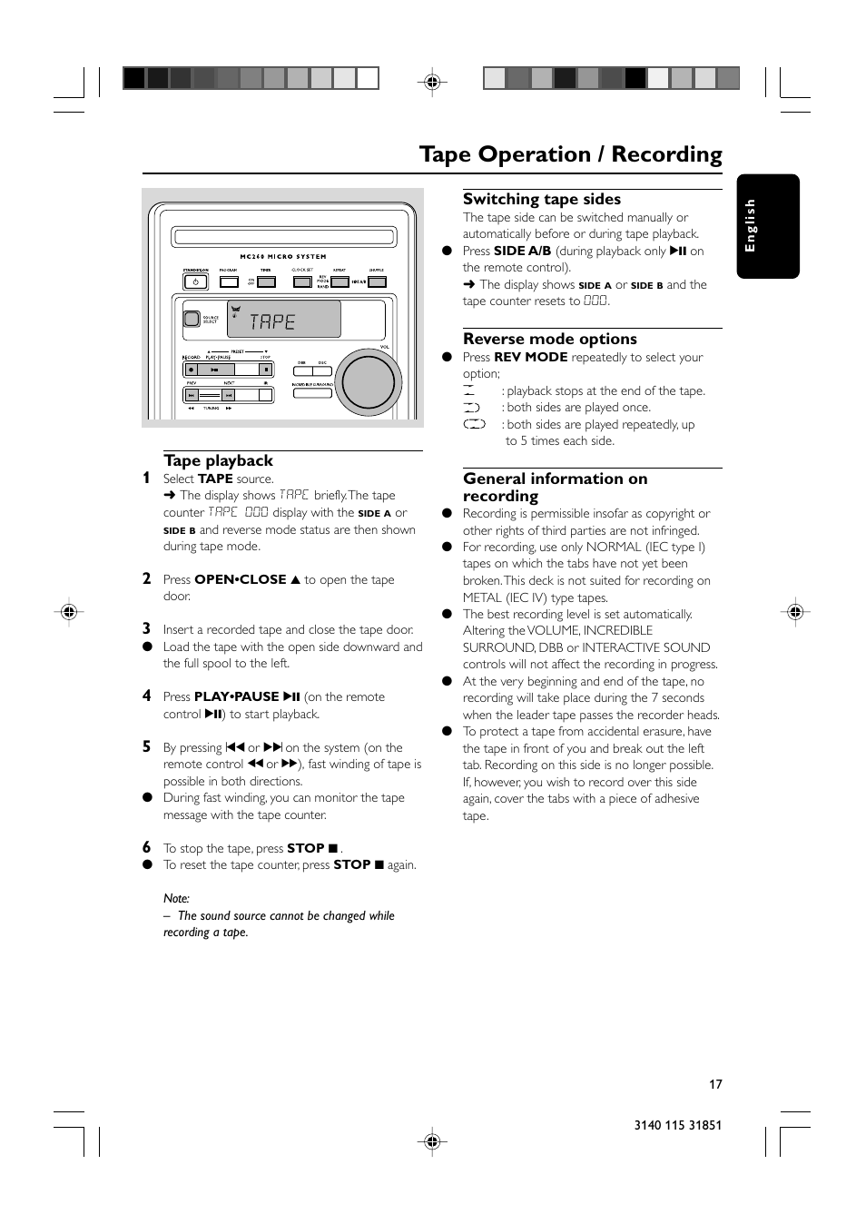 Tape operation / recording, Tape playback 1, Switching tape sides | Reverse mode options, General information on recording | Philips MC260-37B User Manual | Page 17 / 23