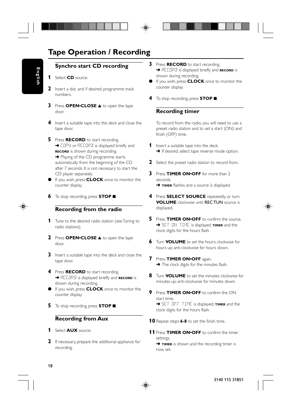 Tape operation / recording | Philips MC260-37B User Manual | Page 18 / 23