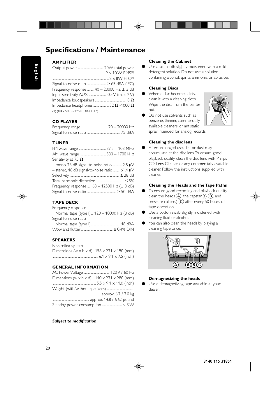 Specifications / maintenance | Philips MC260-37B User Manual | Page 20 / 23