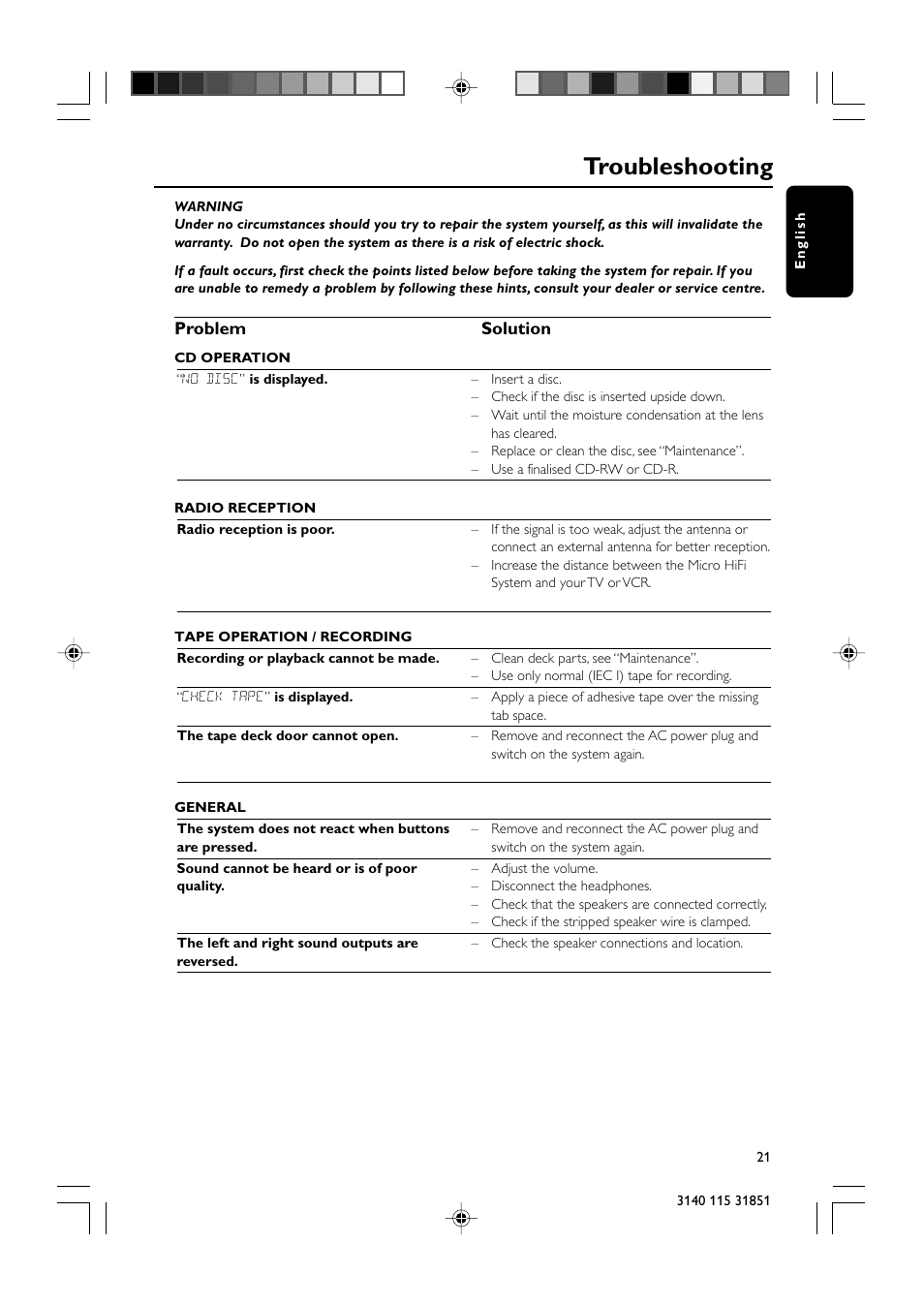 Troubleshooting, Problem solution | Philips MC260-37B User Manual | Page 21 / 23