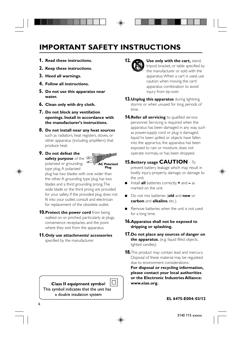 Important safety instructions, Caution | Philips MC260-37B User Manual | Page 6 / 23