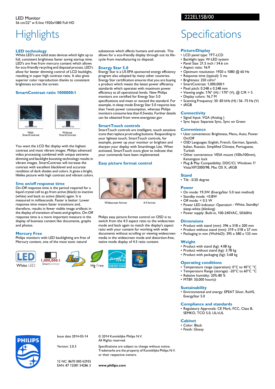 Highlights, Specifications | Philips 222EL1SB-00 User Manual | Page 2 / 2