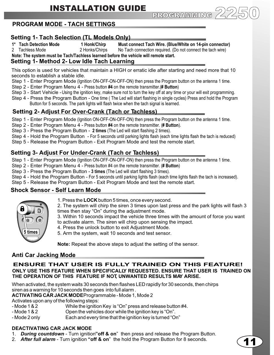 Installation guide, Programming | Ultra Start 2250M User Manual | Page 11 / 16