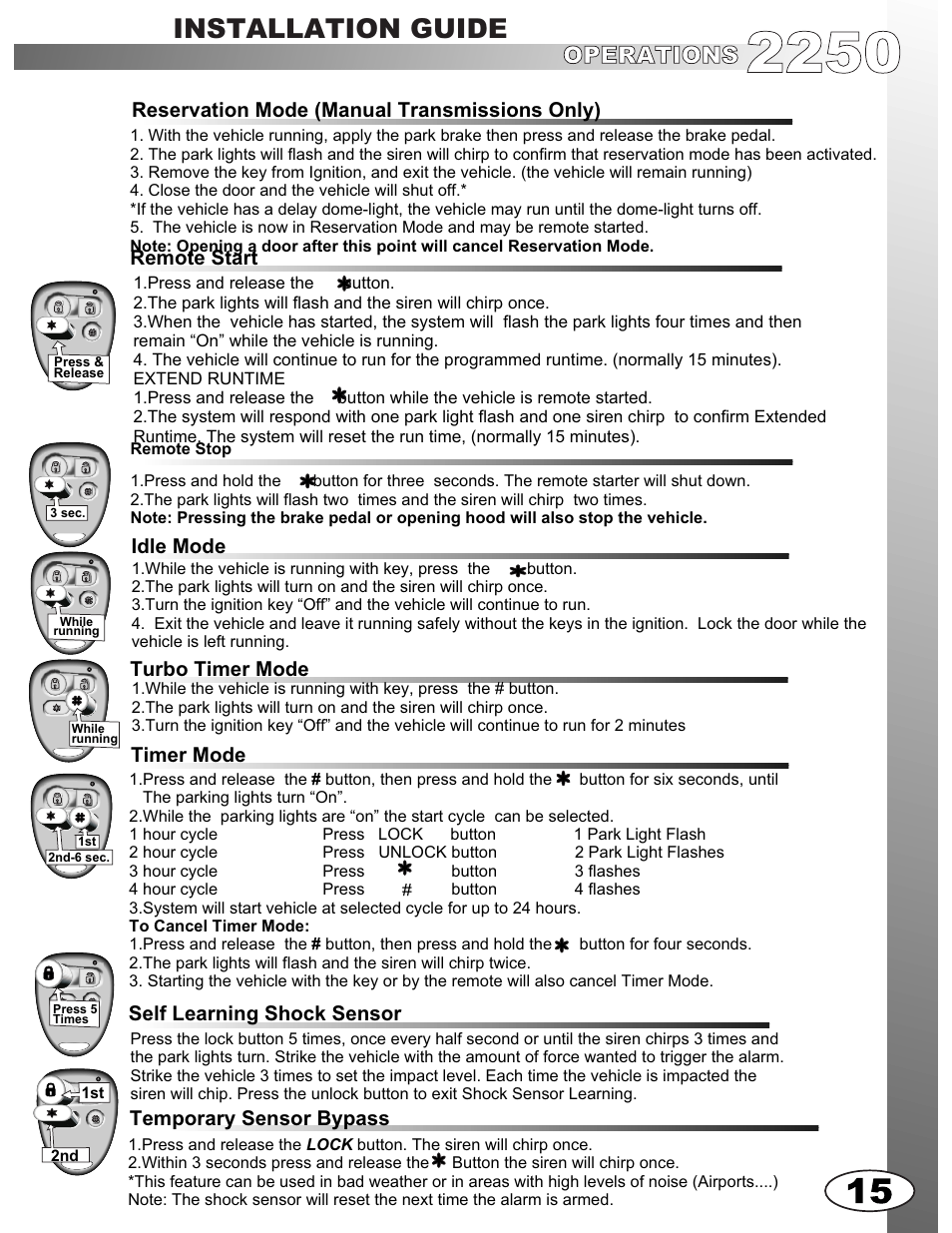 Installation guide, Operations, Remote start | Reservation mode (manual transmissions only), Temporary sensor bypass | Ultra Start 2250M User Manual | Page 15 / 16