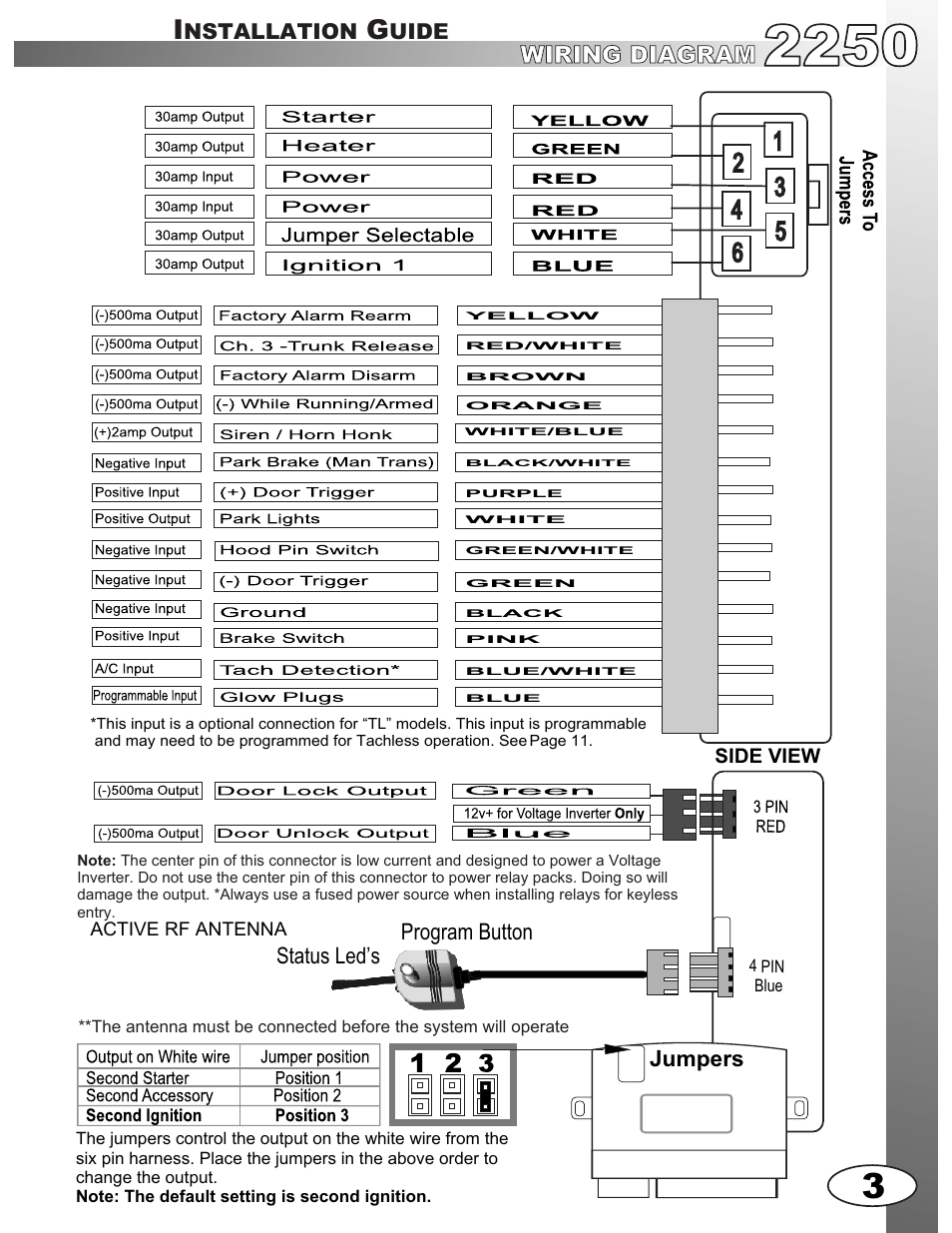 Wiring diagram table of contents, Jumpers, Status led’s program button | Nstallation, Uide, Side view | Ultra Start 2250M User Manual | Page 3 / 16