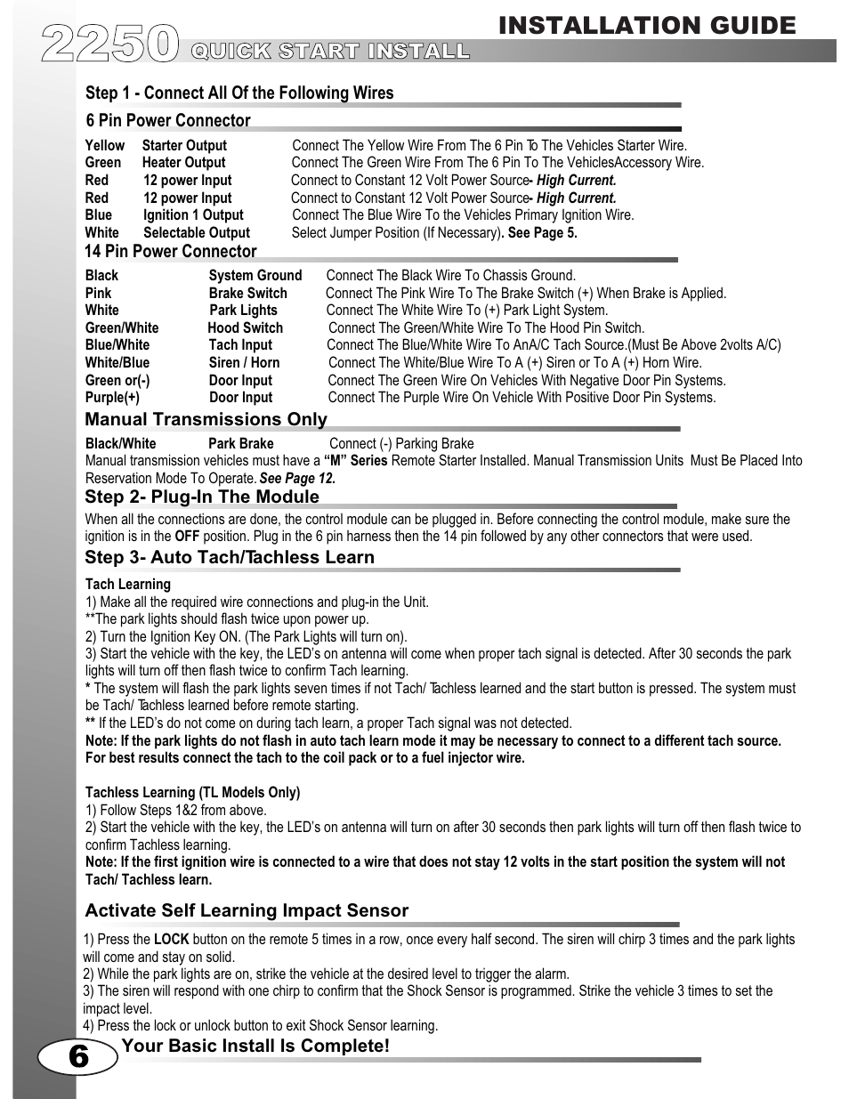 Installation guide, Programming | Ultra Start 2250M User Manual | Page 6 / 16