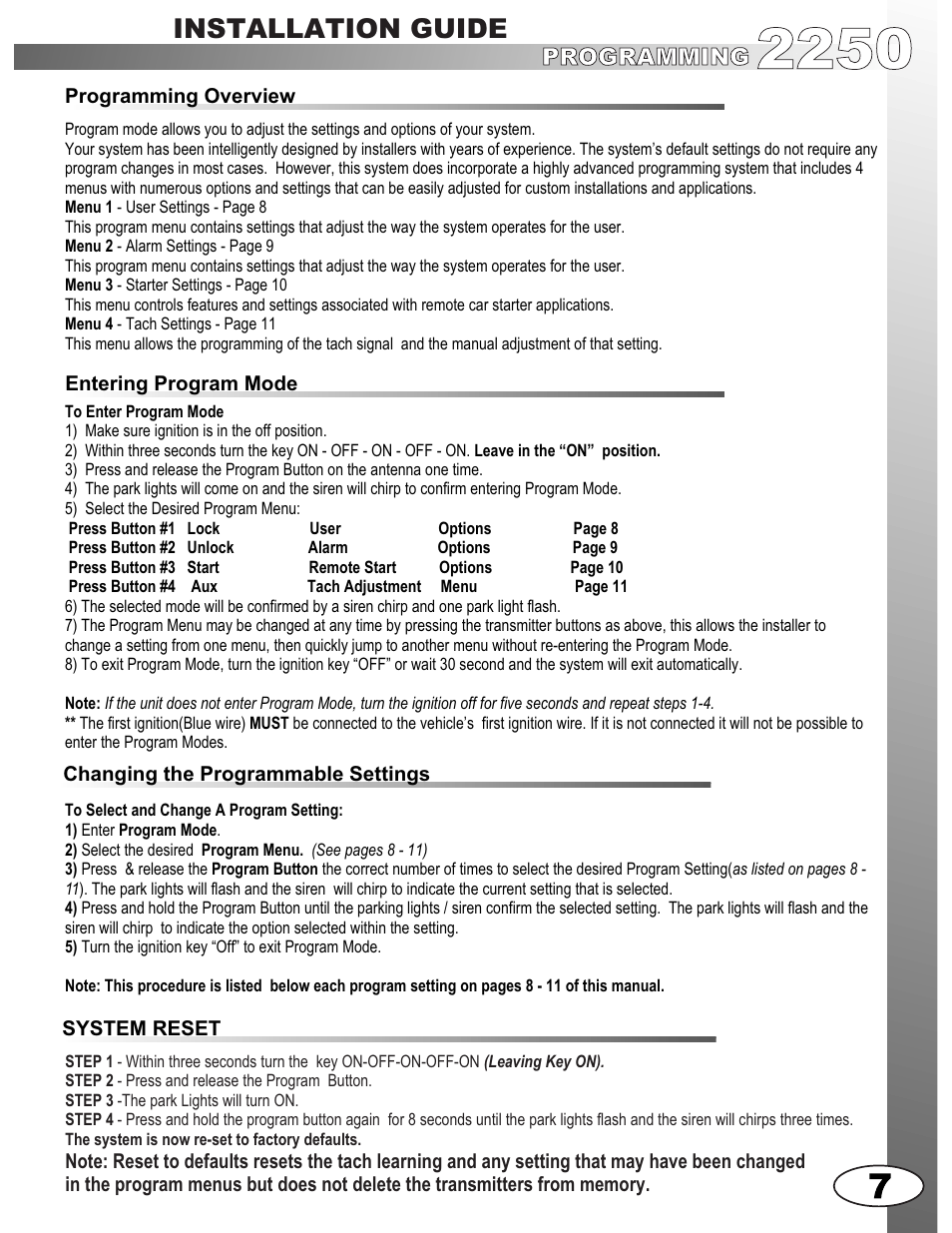 Installation guide, Programming | Ultra Start 2250M User Manual | Page 7 / 16