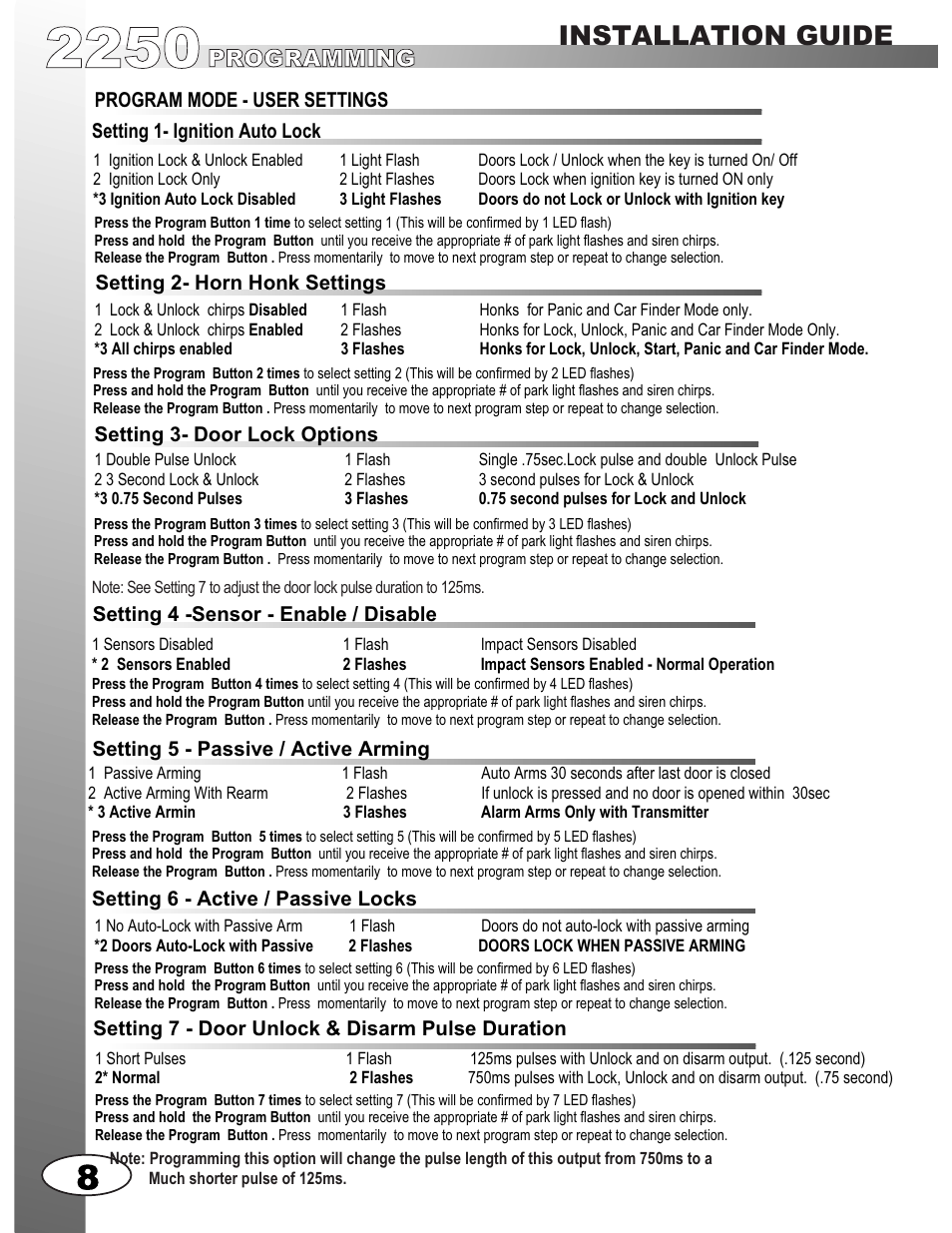 Installation guide, Programming | Ultra Start 2250M User Manual | Page 8 / 16