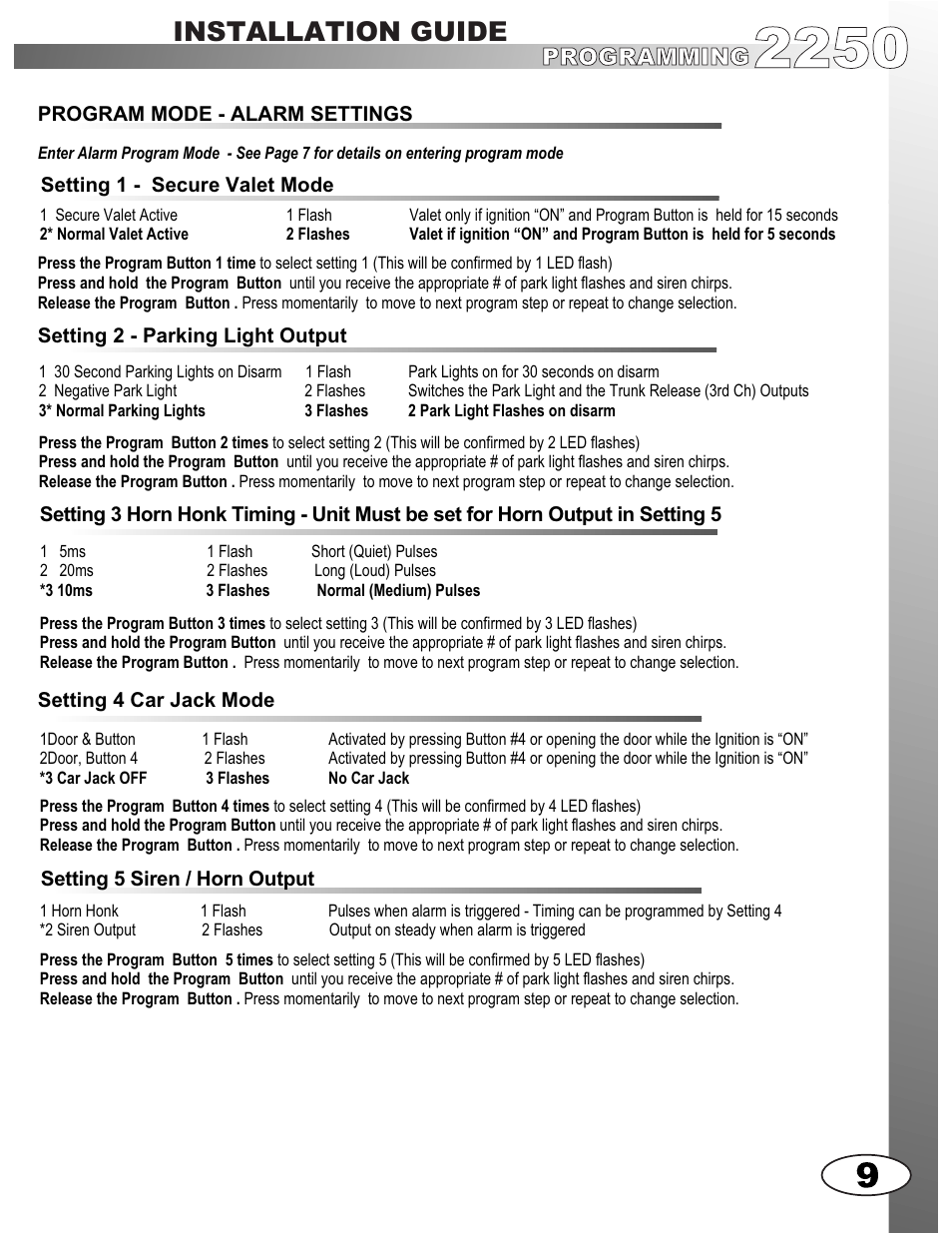 Installation guide, Programming | Ultra Start 2250M User Manual | Page 9 / 16