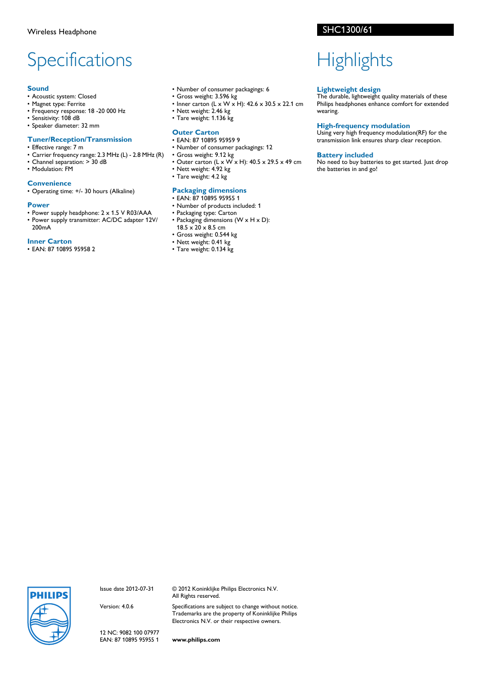 Specifications, Highlights | Philips SHC1300-61 User Manual | Page 2 / 2