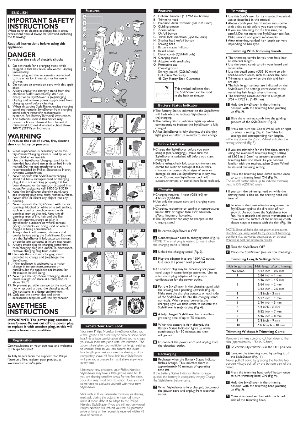 Philips Norelco StyleShaver Wet & dry facial styler & shaver QS6160 Trim style and shave 12 built-in length settings 75mins cordless use-1h charge Detail comb and travel pouch User Manual | 2 pages