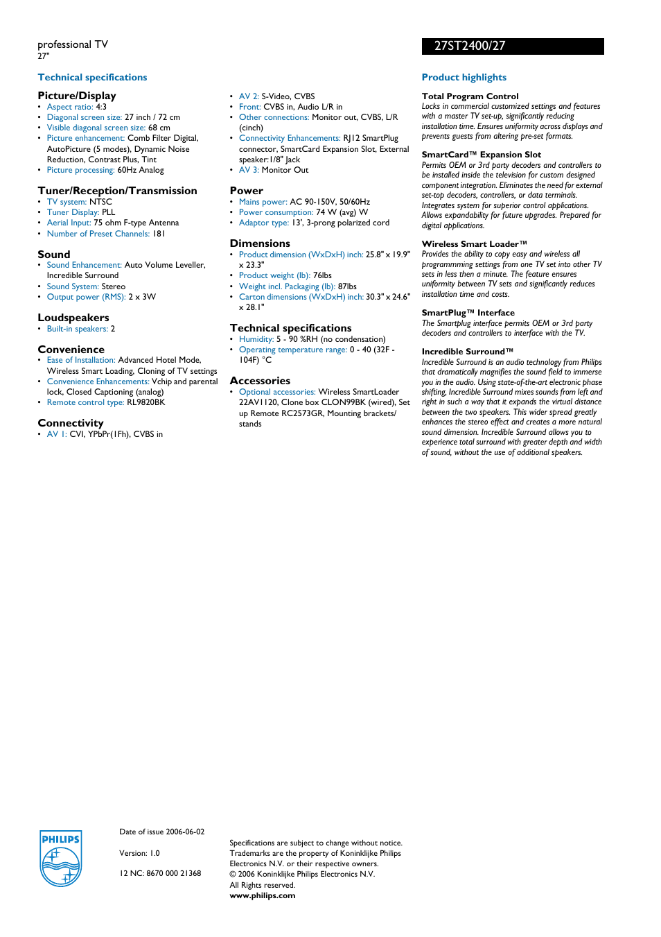 For preview purpose only | Philips 27ST2400-27 User Manual | Page 2 / 2