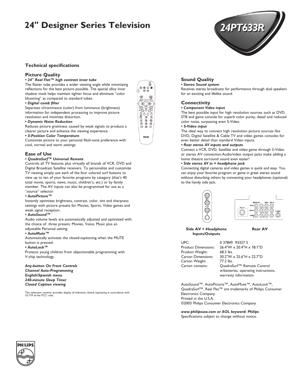 24" designer series television | Philips 24PT633R User Manual | Page 2 / 2