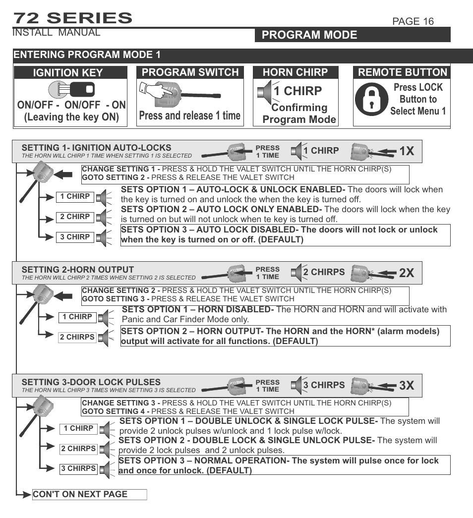 72 series, Press and release 1 time, 1 chirp | System programming - menu 1, Program mode | Ultra Start 72 Series User Manual | Page 16 / 28