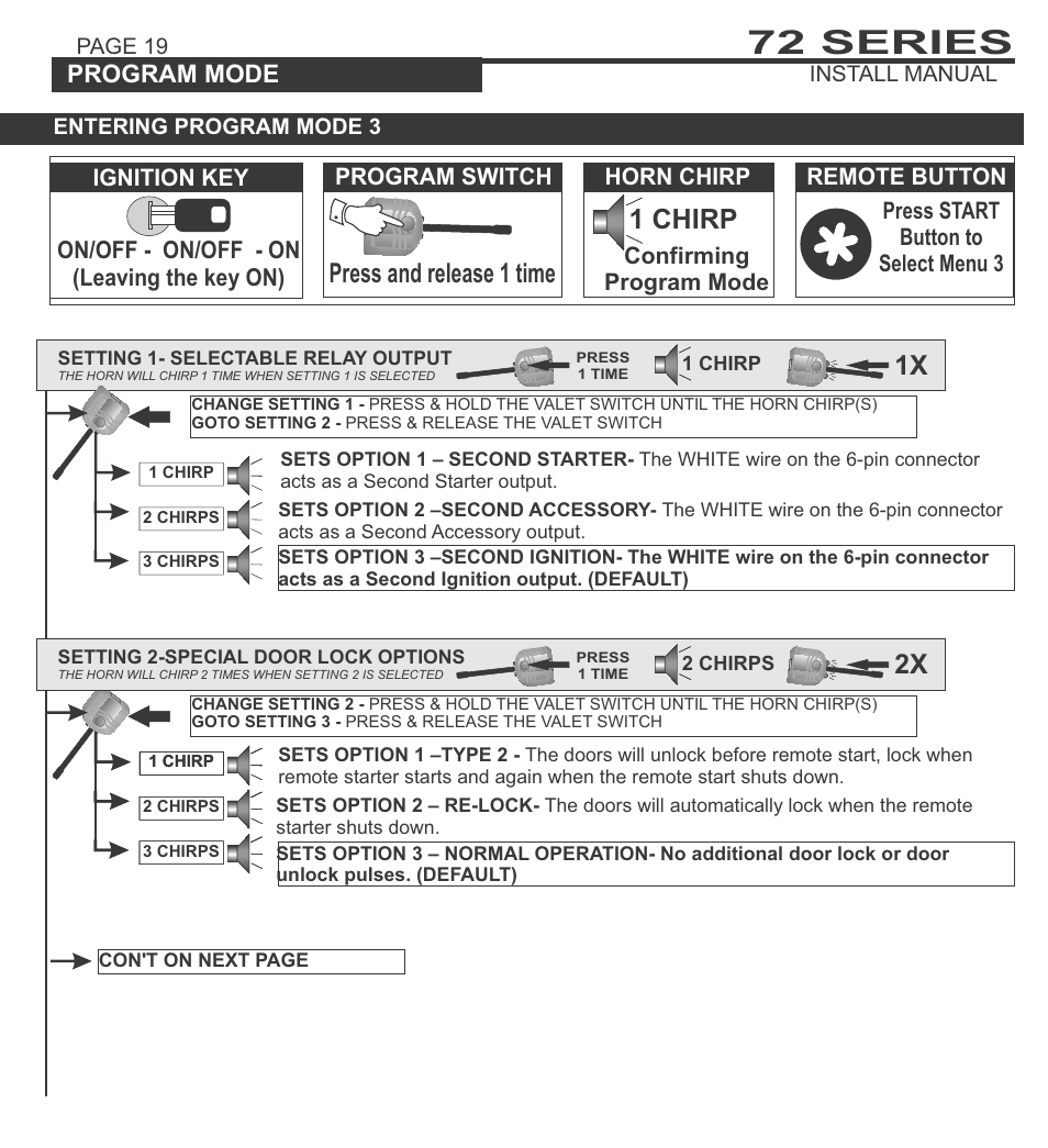 72 series, 1 chirp, Press and release 1 time | System programming - menu 1, Program mode, On/off - on/off - on (leaving the key on) | Ultra Start 72 Series User Manual | Page 19 / 28