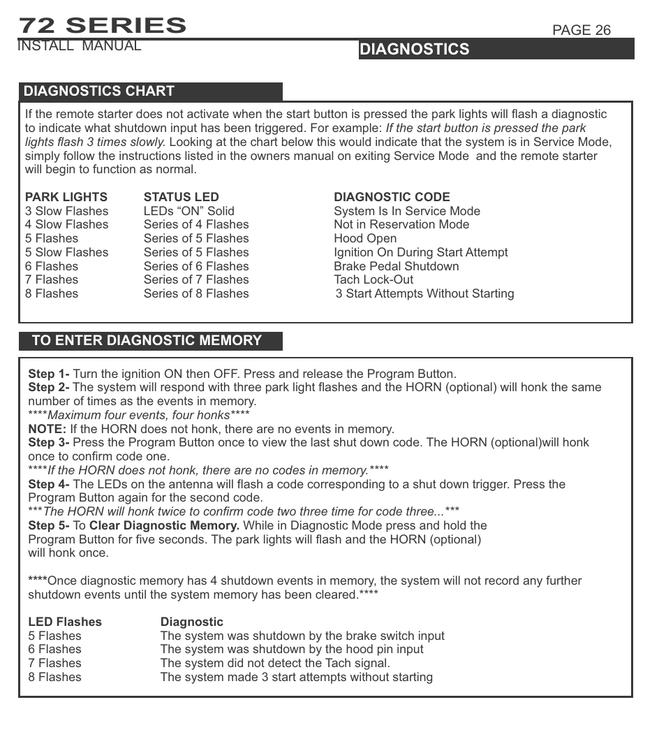 72 series, System programming - menu 1, Diagnostics | Ultra Start 72 Series User Manual | Page 26 / 28