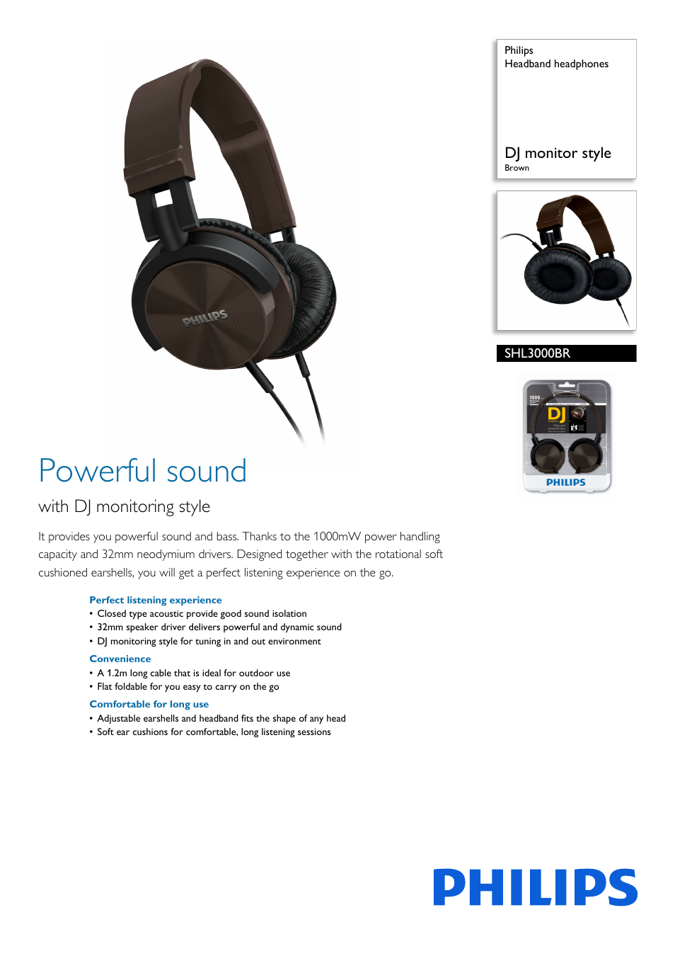 Philips Headband headphones SHL3000BR DJ monitor style Brown User Manual | 2 pages