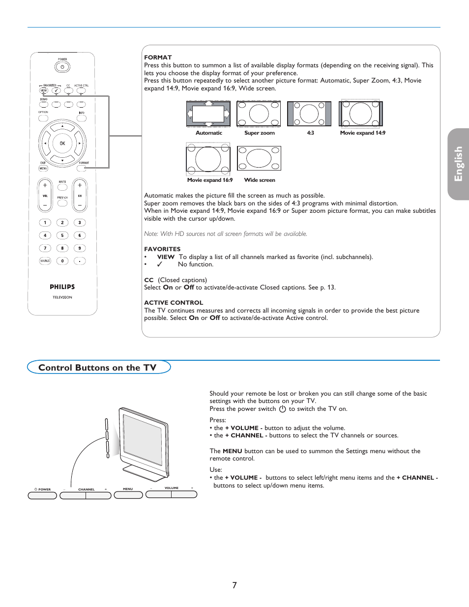 English française español, Control buttons on the tv | Philips 50PFP5332D-37B User Manual | Page 15 / 45