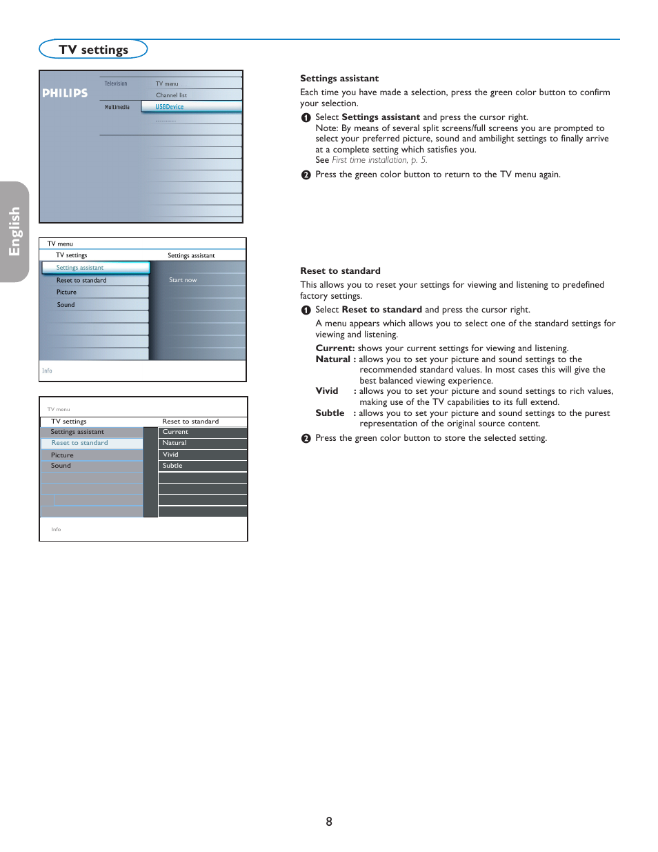 English française español, 8tv settings | Philips 50PFP5332D-37B User Manual | Page 16 / 45