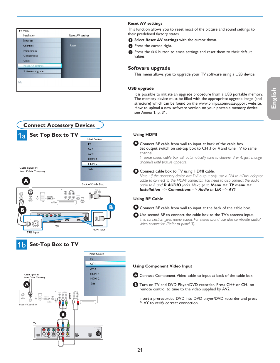 English française español, Connect accessory device s, Set top box to tv | Set-top box to tv, Software upgrade | Philips 50PFP5332D-37B User Manual | Page 29 / 45