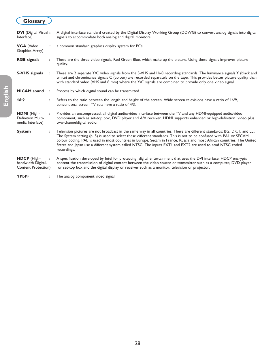 English française español, 28 glossary | Philips 50PFP5332D-37B User Manual | Page 36 / 45