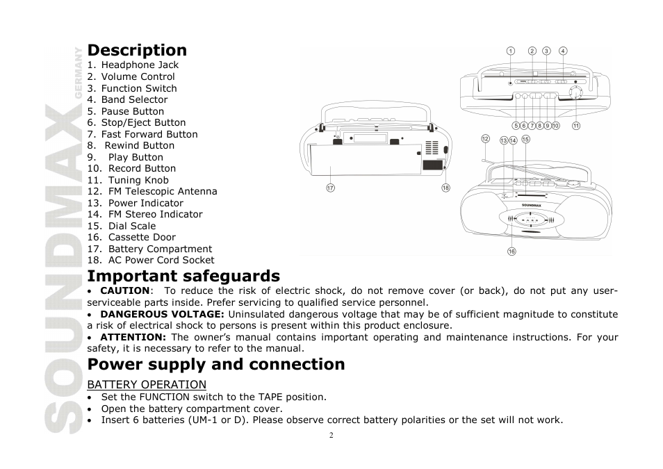 Description, Important safeguards, Power supply and connection | SoundMax SM-3121 User Manual | Page 2 / 13