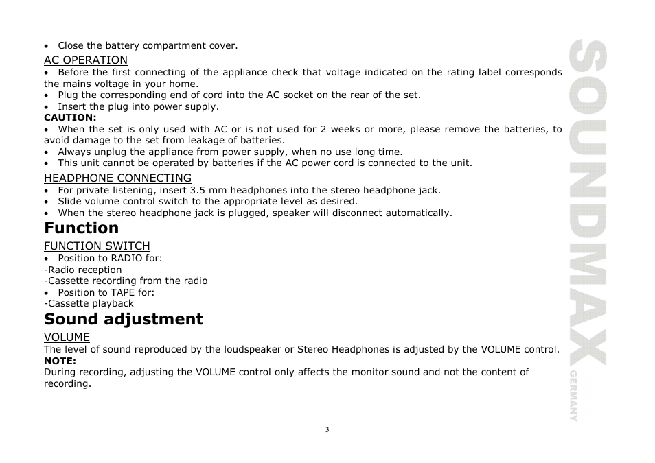 Function, Sound adjustment | SoundMax SM-3121 User Manual | Page 3 / 13