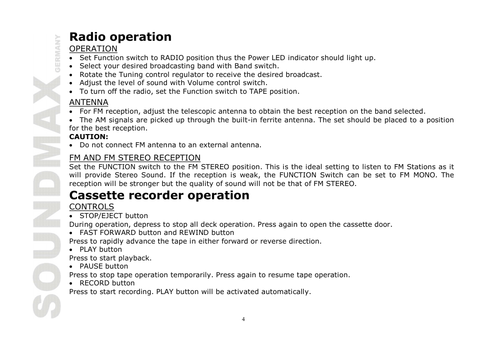 Radio operation, Cassette recorder operation | SoundMax SM-3121 User Manual | Page 4 / 13