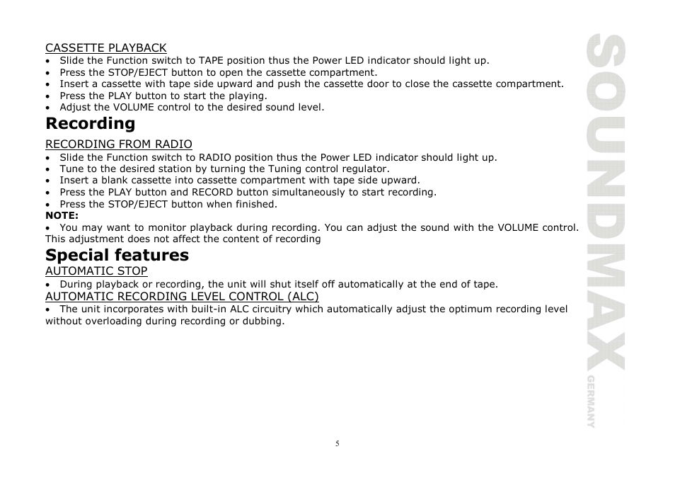 Recording, Special features | SoundMax SM-3121 User Manual | Page 5 / 13