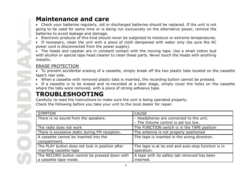 Maintenance and care, Troubleshooting | SoundMax SM-3121 User Manual | Page 6 / 13