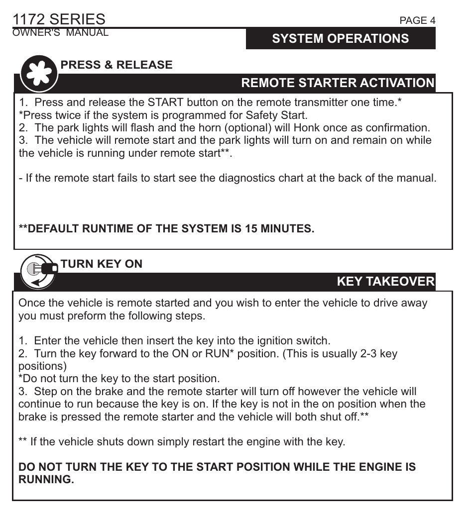 1172 series, System operations, Remote starter activation | Key takeover, Remote starter shut down, Engine idle mode, Extended runtime | Ultra Start 1172 User Manual | Page 4 / 8