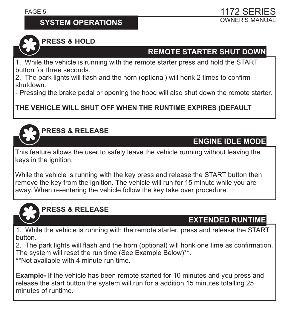 1172 series, System operations, Remote starter activation | Key takeover, Remote starter shut down, Engine idle mode, Extended runtime | Ultra Start 1172 User Manual | Page 5 / 8
