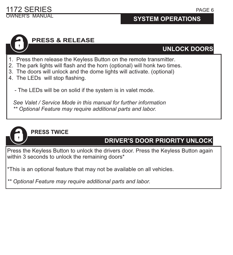1172 series, Driver's door priority unlock, Unlock doors | Trunk release/ aux 2 output, Lock doors, System operations | Ultra Start 1172 User Manual | Page 6 / 8