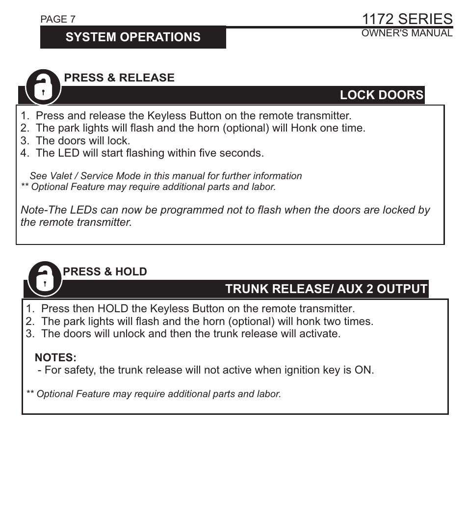 1172 series, Driver's door priority unlock, Unlock doors | Trunk release/ aux 2 output, Lock doors, System operations | Ultra Start 1172 User Manual | Page 7 / 8