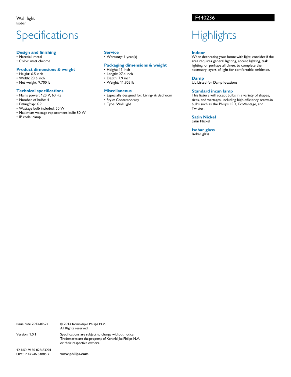 Specifications, Highlights | Philips F440236 User Manual | Page 2 / 2